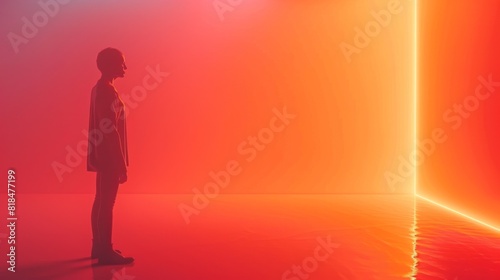Faceless figure illuminated by neon lights, standing on a minimal salmon background with space for text