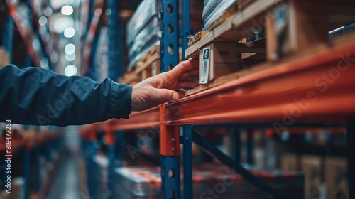 Closeup of hand picking up item from warehouse shelf in industrial storage facility