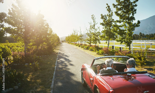 Couple, convertible and driving road trip or travel journey to California vineyard, adventure or transportation. People, nature and tourism holiday for explore together in retirement, morning or love