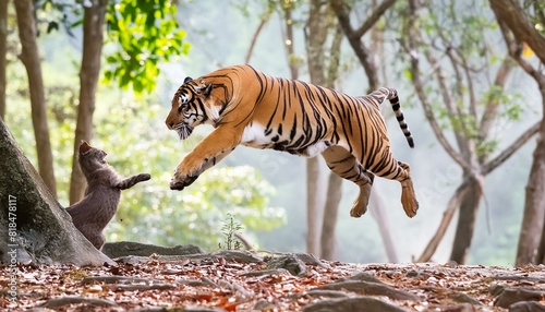 tiger leaping towards a deer in a high-stakes hunt, emphasizing the tense moment of pursuit in the wild background