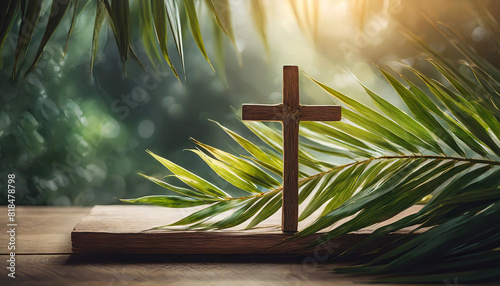 wooden cross and palm leaves rest on a neutral, blurred background, symbolizing Palm Sunday’s celebration of Jesus’ triumphal entry into Jerusalem and the start of Holy Week in Christian tradition