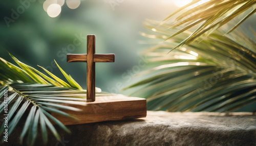 wooden cross and palm leaves rest on a neutral, blurred background, symbolizing Palm Sunday’s celebration of Jesus’ triumphal entry into Jerusalem and the start of Holy Week in Christian tradition
