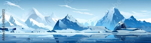 A beautiful arctic landscape with icebergs floating in the frigid waters and snow-capped mountains in the distance.