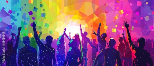 Energetic Pride Concert Scene with Musicians and Dancers, Copy Space Available for Text Illustration
