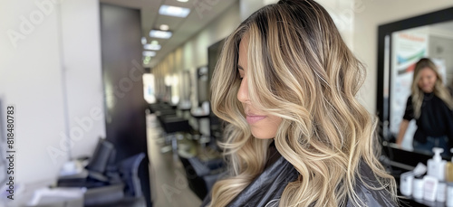 Woman with styled wavy hair. Hairdresser adjusting curls.