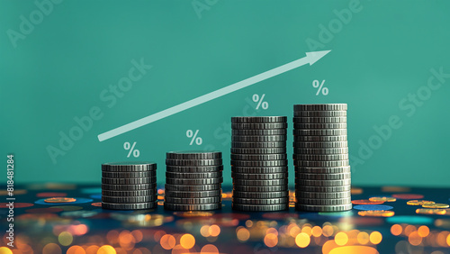 Coin stacks rise with increasing arrow, reflecting the impact of inflation and taxes on the salary. Ideal for inflation, tax, costs of living concepts.