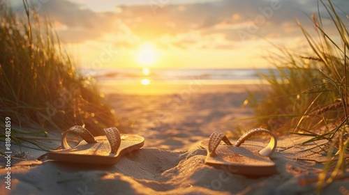 A pair of flip flops rests in the sand on a beach at sunset, with water gently lapping nearby and clouds painting the sky in hues of orange and pink AIG50