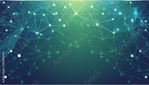 Abstract blue green technology background with a cyber network grid and connected particles. Artificial neurons, global data connections
