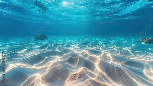 seabed sand with blue tropical ocean above empty underwater background with the summer sun shining brightly creating ripples in the calm sea water.stock photo
