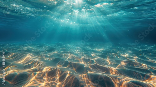 seabed sand with blue tropical ocean above empty underwater background with the summer sun shining brightly creating ripples in the calm sea water.llustration graphic