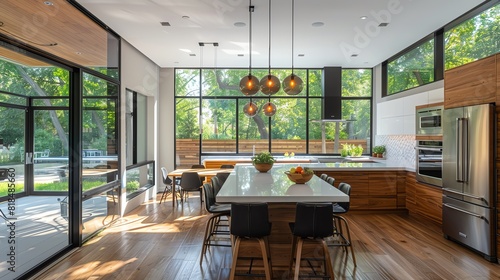 Design a modern kitchen that includes large windows for natural light, minimalist furniture, and accents of colored lighting