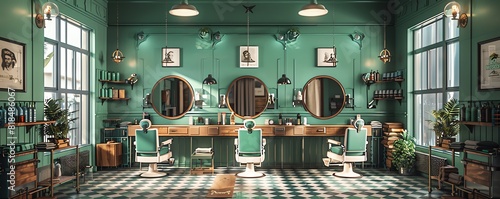 Create a visually stunning image of a mens barber shop, emphasizing the mint green color scheme and the modern aesthetic with hyperrealistic detail