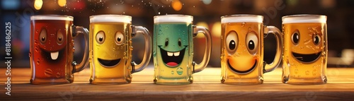 Funny beer mugs in a row