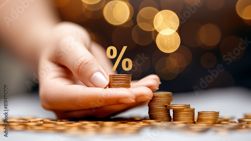 A hand holds a pile of coin with the “%” symbol, representing the effects of inflation and tax. Ideal for inflation, tax, costs of living concepts.