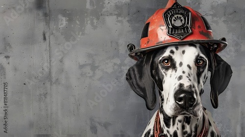  A Dalmatian dog wearing a firefighter helmet poster with copy space 