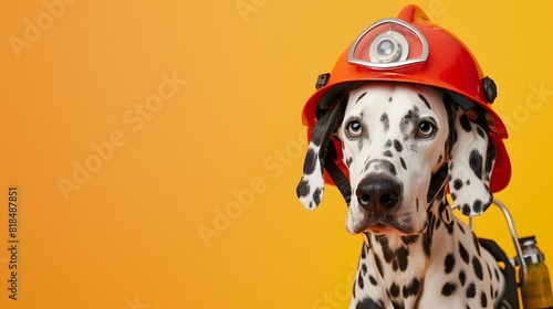  A Dalmatian dog wearing a firefighter helmet poster with copy space 