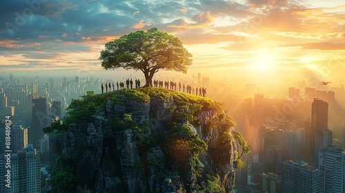 A tree is growing on a mountain with a group of people standing around it