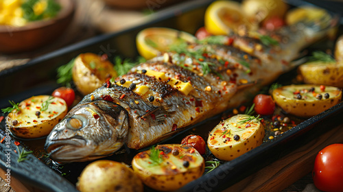 Closeup on deep fried pike fish on boiled potato