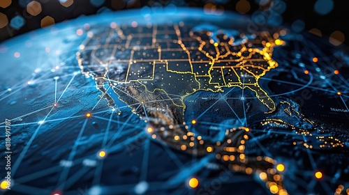 digital world globe centered on usa concept of global network and connectivity on earth data transfer and cyber technology information exchange.illustration,stock photo