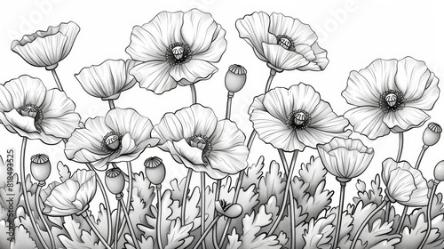 coloring book Black and white drawing of poppies.