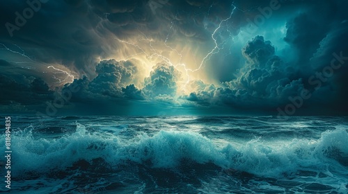 Dramatic thunderstorm over ocean, lightning illuminates turbulent waves below