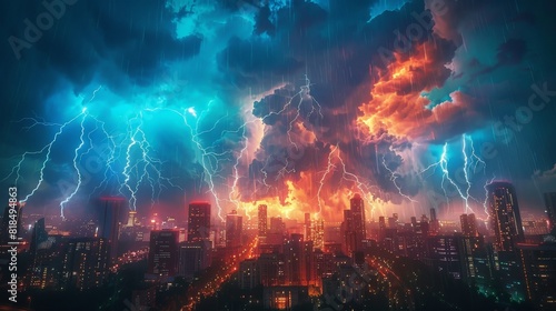 Cityscape with multiple lightning strikes, powerful display of nature's energy.