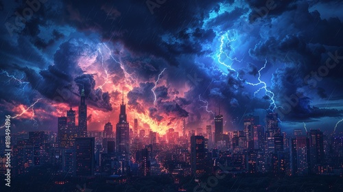 Multiple lightning strikes during thunderstorm, dramatic illumination of cityscape.