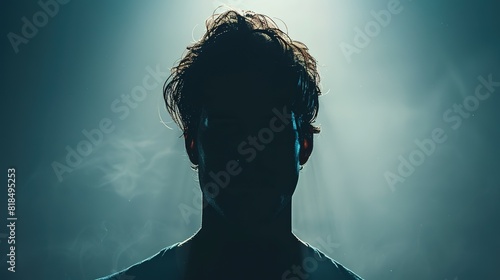 A close-up shot of a silhouette depicting the figure of a man, facing straight towards the camera, with his face slightly obscured. However, his hair is not in the form of a silhouette and is clearly 
