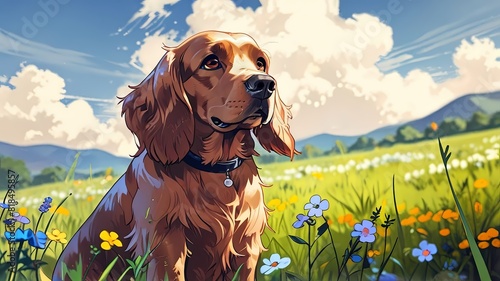 Cocker spaniel sitting in meadow, clouds, Anime illustration, anime background, vibrant, glowing, cinematic