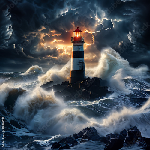 Lighthouse against raging sea