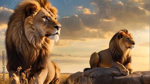 majestic lion with a golden mane, gazing out over the savannah with a regal air."