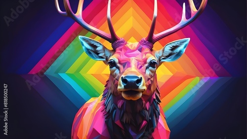 Elk with geometric, abstract highlighter lines Rainbow super-bright neon creative portrait, advertising, editorial, surrealist. isolated against a dim backdrop