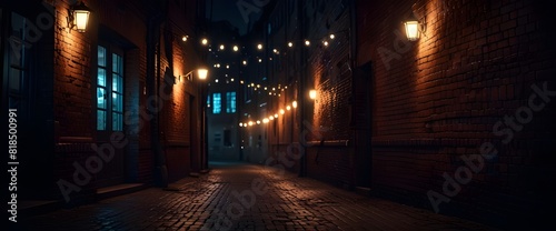 Dark street, old brick wall decorated with night lanterns. Empty street scene, neon light. Night view, blurred abstract bokeh light.