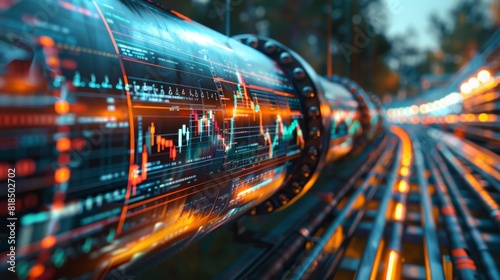 Double exposure of a gas pipeline overlaid with business strategies and investment charts