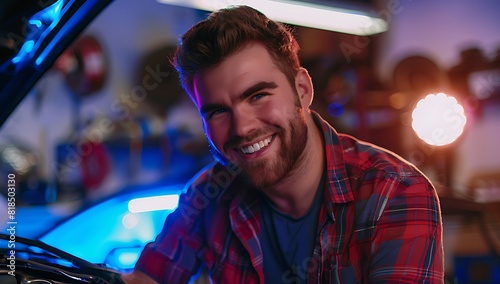  Happy Mechanic at Car Repair Shop: Close-up Portrait of Smiling Young Man 