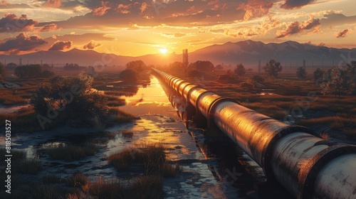 High-detail photo of a modern oil pipeline running through a scenic landscape
