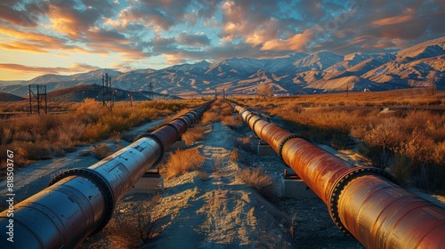 High-detail photo of a remote oil pipeline, with rugged terrain and pipelines snaking through