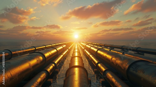 High-quality image of a gas pipeline network at sunrise, with pipes glistening in the early light