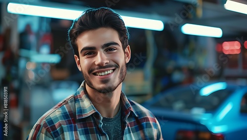  Happy Mechanic at Car Repair Shop: Close-up Portrait of Smiling Young Man 
