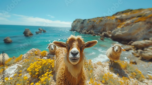smiling goats and sheep funny selfie happy face.llustration graphic