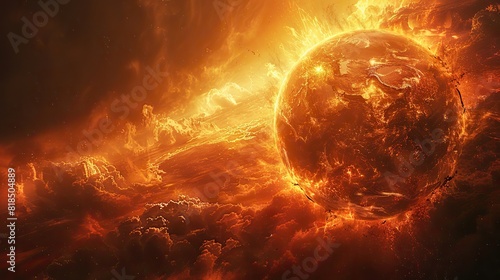 planet earth burning under the extreme heat of the sun conceptual illustration of global warming temperature increase disaster in asia over heating.stock photo
