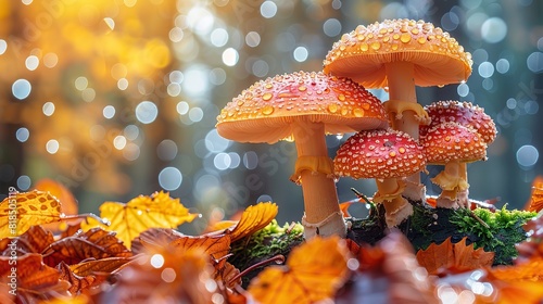 autumn seasonal background little mushrooms growing on a tree trunk in wet moss and fallen leaves on forest floor under rain drops and autumnal sun fall season magical ambience.stock immage
