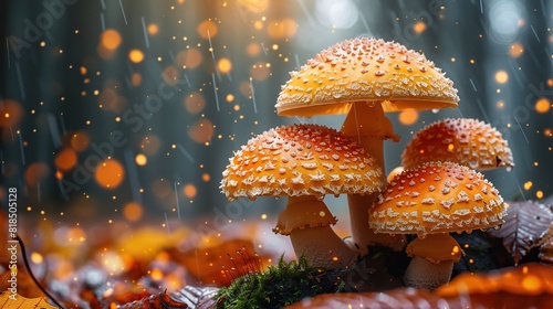 autumn seasonal background little mushrooms growing on a tree trunk in wet moss and fallen leaves on forest floor under rain drops and autumnal sun fall season magical ambience.stock photo