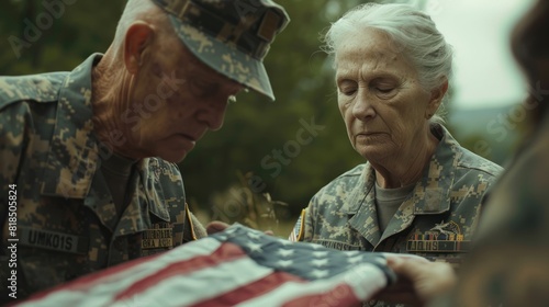hands the folded US burial flag to the grieving widow,