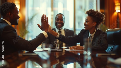 Businesswoman high fives male colleague in meeting Professional businessman high-fives during meeting in conference room