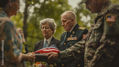 United States funeral flag ceremony To the widow of a veteran who died during an outdoor funeral.
