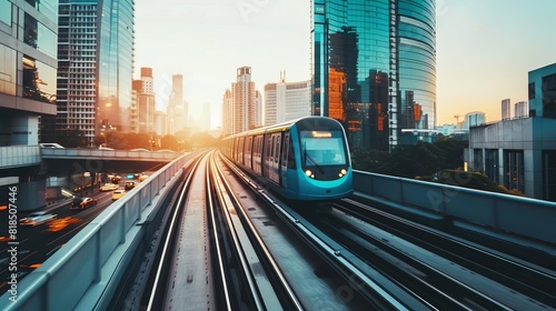 elevated train gliding through modern metropolis capturing urban dynamism and connectivity panoramic cityscape