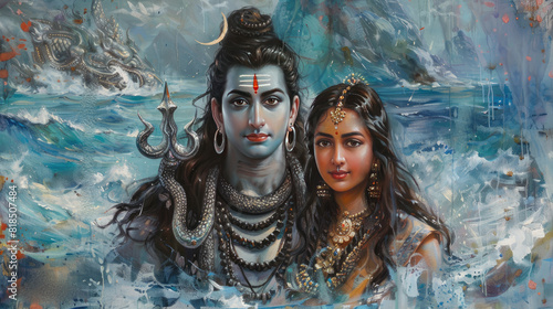 Lord Shiva and parvathy oil painting and abstract style