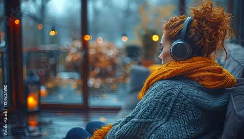 Cozy autumn scene with woman wearing headphones, sitting indoors by the window, wrapped in a warm orange scarf and grey sweater.