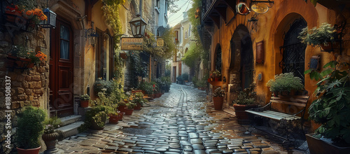 Intriguing, mysterious alleyway in an old European city, atmospheric charm. Generative AI.